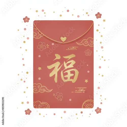 Festive Red Envelope: A symbol of good fortune and prosperity, the vibrant red envelope features elegant gold calligraphy and decorative elements. 