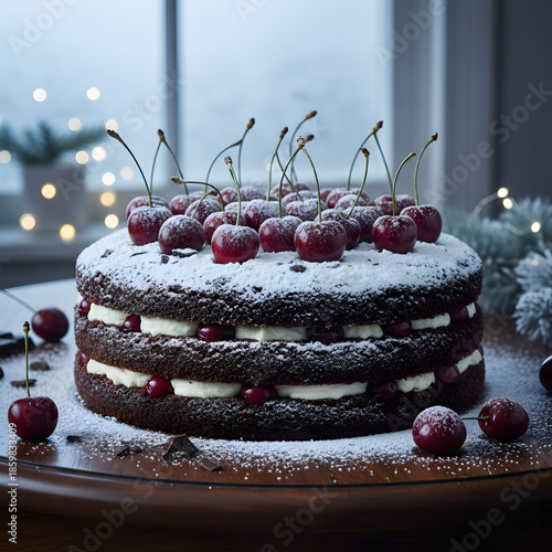 Black Forest gateau styled for a winter celebration, dusted with powdered sugar like snow