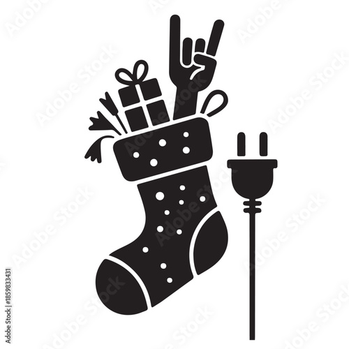 Christmas stocking with electric plug and hand sign