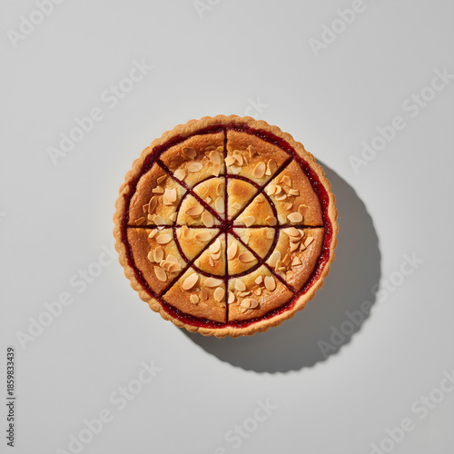 Top-down view of Bakewell tart with geometric composition
