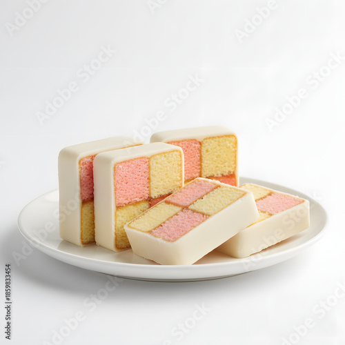 Battenberg cake slices served on a clean white plate, neat rectangular shape