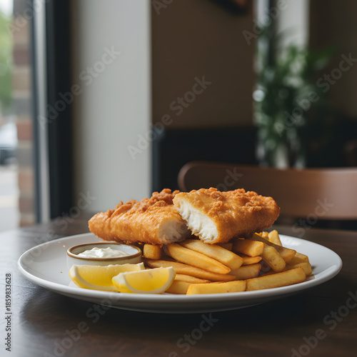 Classic fish and chips plated with tartar sauce and lemon wedges