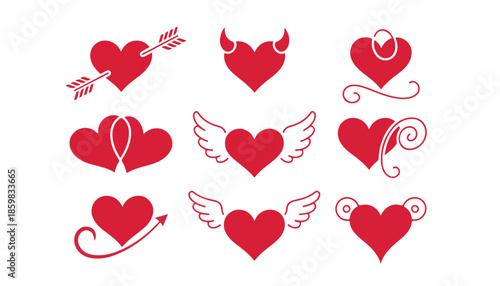 Collection of red heart symbols with various designs