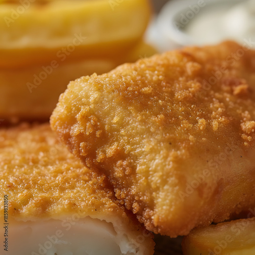 fish and chips focusing on crispy golden batter texture