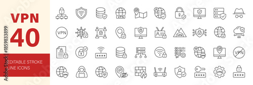 VPN icon set. Virtual Private Network icon collection. Editable line icons. Vector illustration.