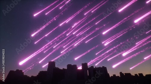 A meteor shower illuminates the night sky with streaks of pink light above a silhouette of a city skyline