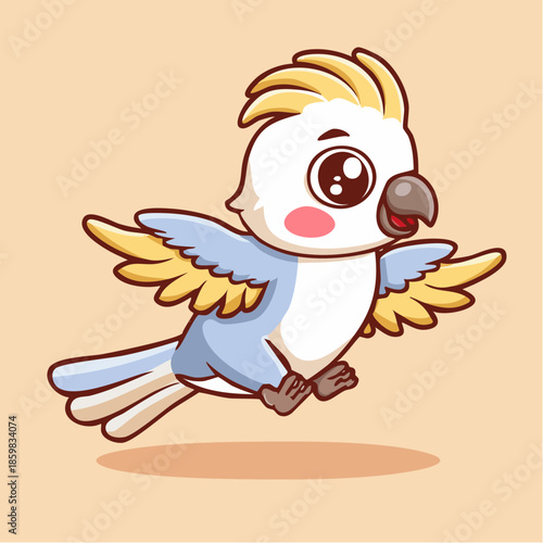 Charming cartoon illustration of a cute white parrot with a distinctive yellow crest, cheerfully soaring through the air, perfect for kids' themes and adorable animal designs