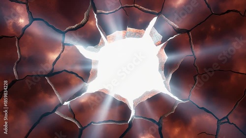 Powerful radiant light bursting through a shattered, textured surface, symbolizing a dramatic breakthrough or intense energy release with profound impact