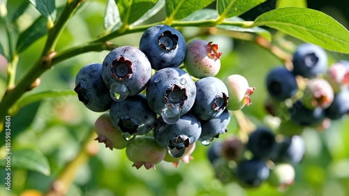 A vibrant closeup shot of a cluster of ripe plump blueberries hanging on a lush green bush showcasing their natural beauty and fresh healthy appeal under bright sunlight in a summer garden ready for .