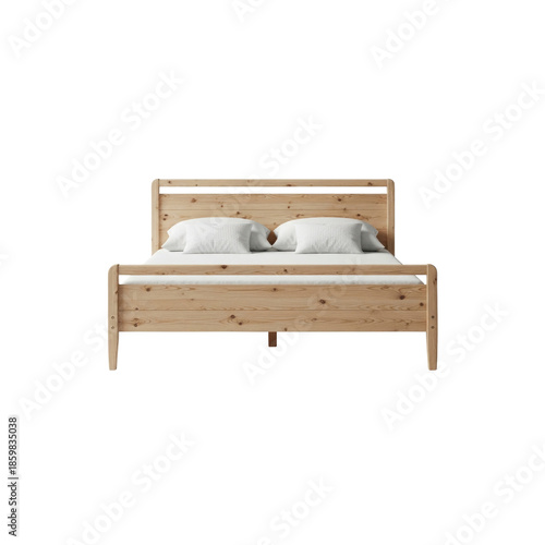 Wooden bed with white linens and pillows