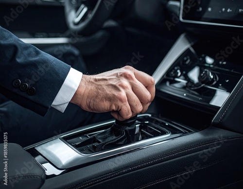 Man In A Suit Driving A Car And Shifting Gears With His Hand Close Up View Of The Interior And Dashboard