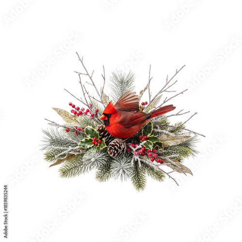 Cardinal bird in Christmas floral decoration