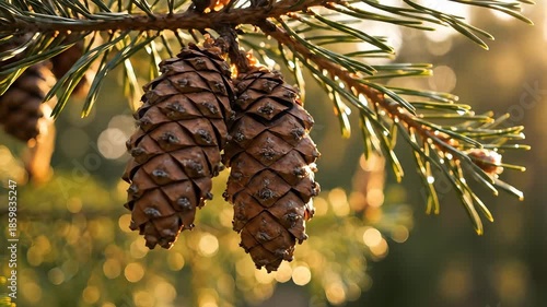 Closeup view of two mature pine cones gracefully hanging from a vibrant green pine branch beautifully illuminated by the warm golden sunlight filtering through the serene forest canopy evoking a sens.
