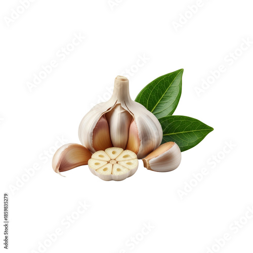 Garlic bulb cloves and leaves illustration