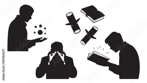Conceptual silhouettes of human concepts, learning, stress, and creativity in a stark black and white vector illustration for educational and business content.
