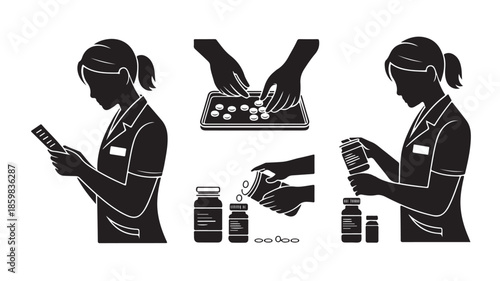Pharmacist Dispensing Medication in a Professional Medical Black and White Vector Illustration for Healthcare Services.