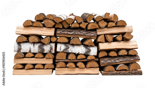 Stacked firewood logs of various shapes and sizes are neatly arranged, showcasing natural textures and preparing for winter warmth.