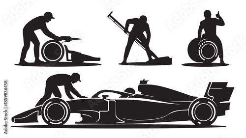 Motorsport Pit Crew Teamwork dynamic silhouette vector illustration in monochrome graphic style for racing industry design.