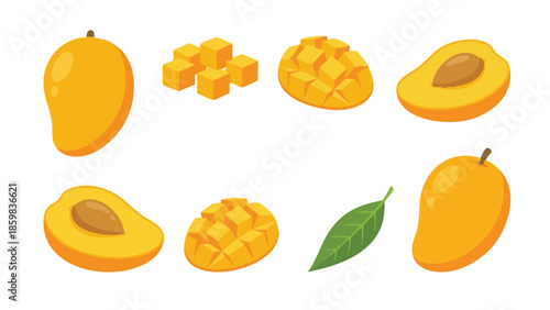 Mango Fruit Illustration Set with Whole, Cubes and Halves