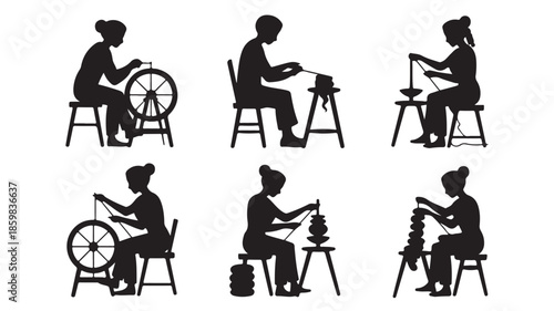 People Spinning Yarn in Traditional Artisanal Silhouette Style with Black and White Graphic Illustration for Educational Craft Content.