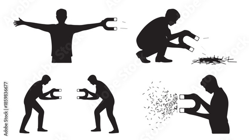 People silhouettes holding magnets in various poses in abstract conceptual black and white vector illustration for business and science concepts.