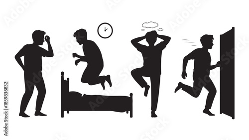 Mans morning routine sequence with sleepy and rushed mood in black silhouette flat vector illustration for daily life and time management topics.