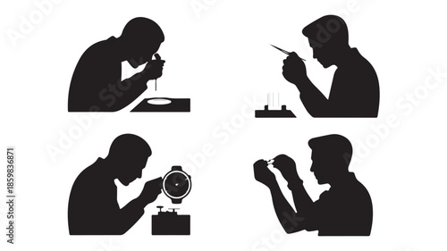 Skilled Watchmaker Performing Intricate Repairs in High-Contrast Silhouette Vector Graphic for Professional Services.