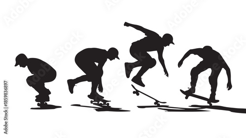 Skateboarder performing jump trick in dynamic action sequence with stark black silhouette graphic on clean white background for extreme sports design.