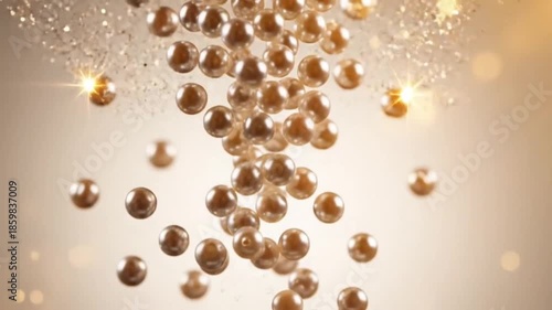 Floating Golden Pearls in Soft Light with Sparkling Particles