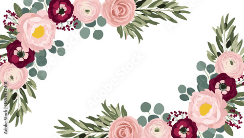 Floral border with blush and burgundy flowers for wedding decor  
