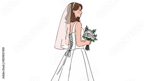 Bride in corset dress holding bouquet walking away in soft light  