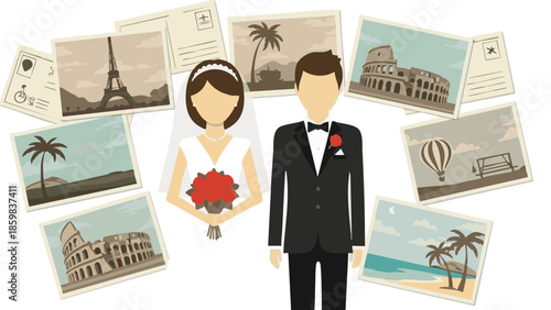 Bride and groom holding bouquet with vintage postcards in background  