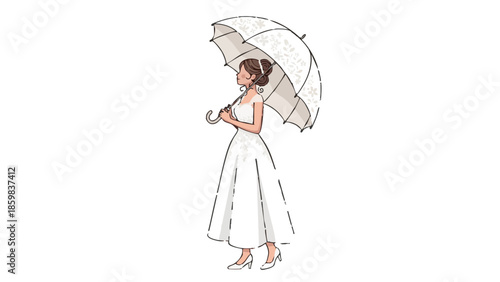 Bride holding a vintage umbrella in elegant wedding dress  