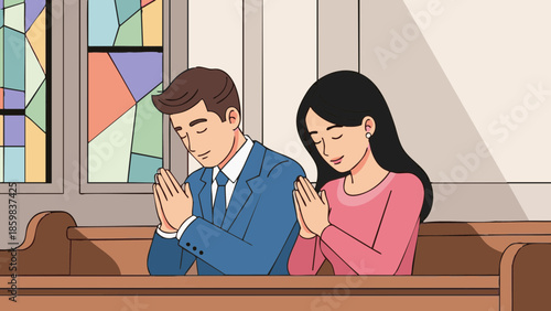 Young couple praying together in a church, symbolizing wedding  