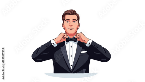 Man tying his bowtie while getting ready for wedding ceremony  