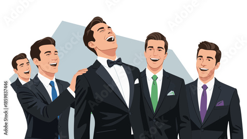 Groom laughing with groomsmen in tuxedos celebrating wedding  