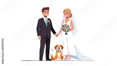 Newlywed couple holding hands with dog and bridal bouquet, concept of Wedding  