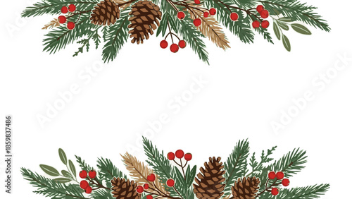 Winter wedding border with pinecones and red berries for decoration  