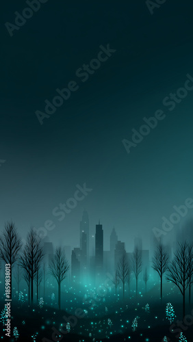 Misty night forest with blue glow