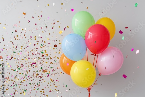 Pastel balloon bouquet floats against neutral wall with light confetti accents, gentle palette and minimalist composition suited