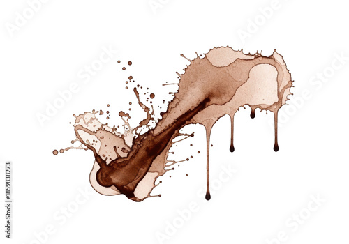 Dynamic brown watercolor splash, intricate splatters, delicate drips, varying opacities, extreme close-up on transparent background with copy space, concept of serene artistic fluidity