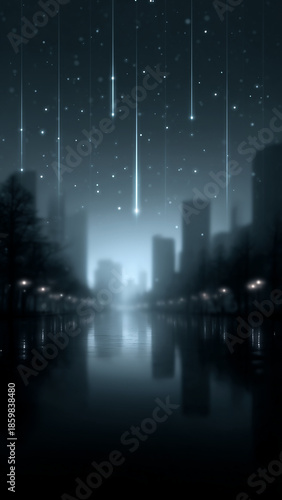 White light rain falling on dark city silhouette