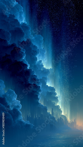 Starry night sky with blue clouds and light rays