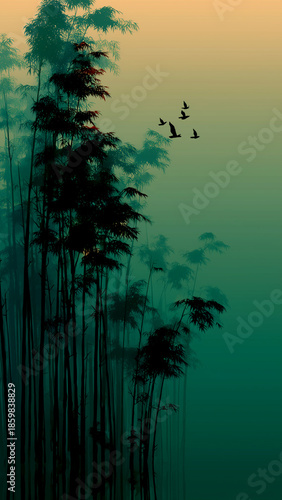 Close up of fresh green bamboo stalks and leaves