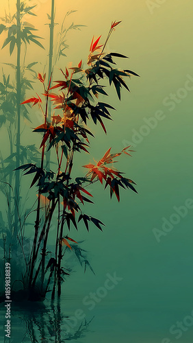 Bamboo like plant with red leaves on green background