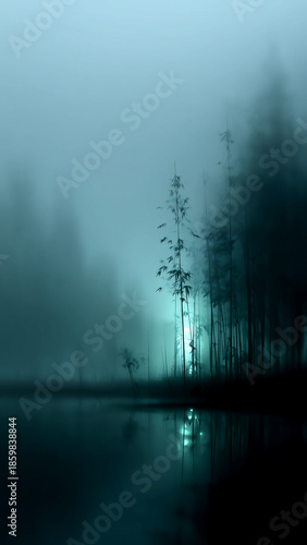 Misty calm lake with trees in blue green tone
