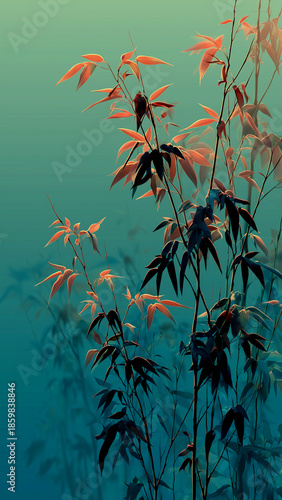 Misty waterside landscape with red foliage plants