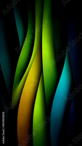 Abstract green and yellow light ripples on black