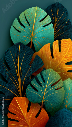 Tropical orange monstera leaves on dark green background