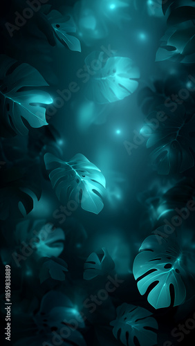 Glowing blue green leaves and particles in dark